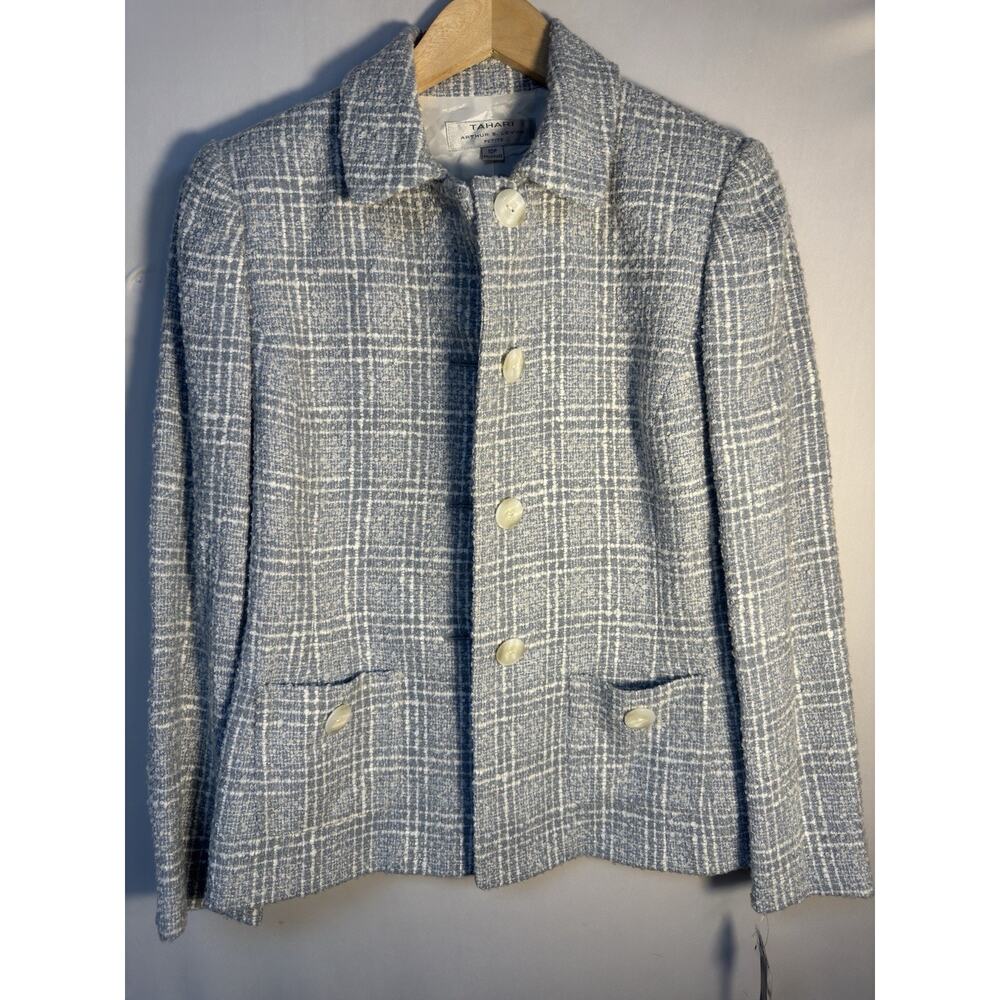 Tahari Arthur S Levine Petite Tweed Jacket Blue White Plaid 10P NWT Wool
